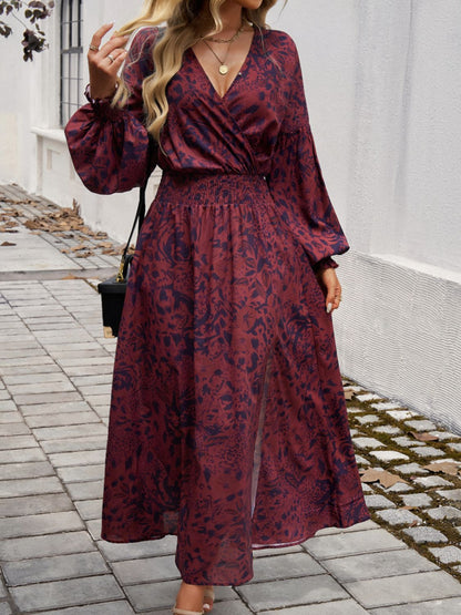 Split Printed Surplice Long Sleeve Midi Dress - Rochelle's House LLC