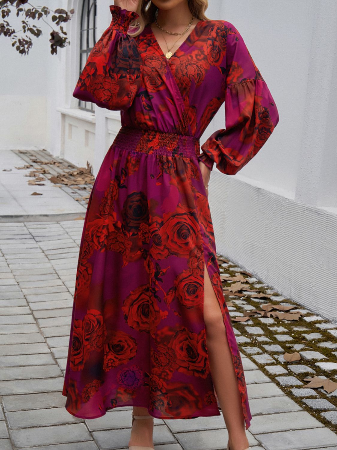 Split Printed Surplice Long Sleeve Midi Dress - Rochelle's House LLC