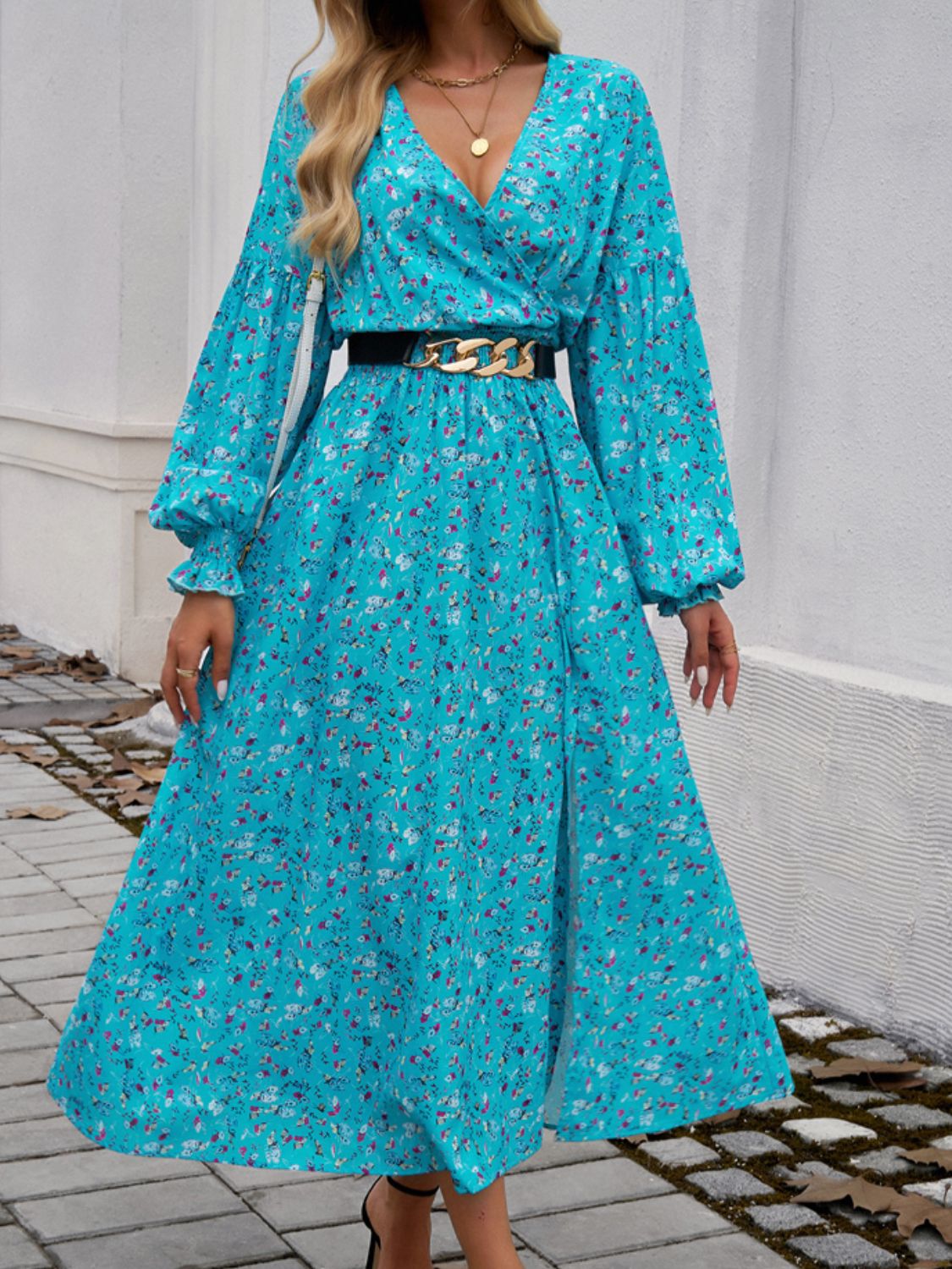Split Printed Surplice Long Sleeve Midi Dress - Rochelle's House LLC