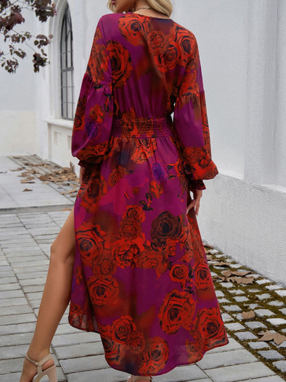 Split Printed Surplice Long Sleeve Midi Dress - Rochelle's House LLC