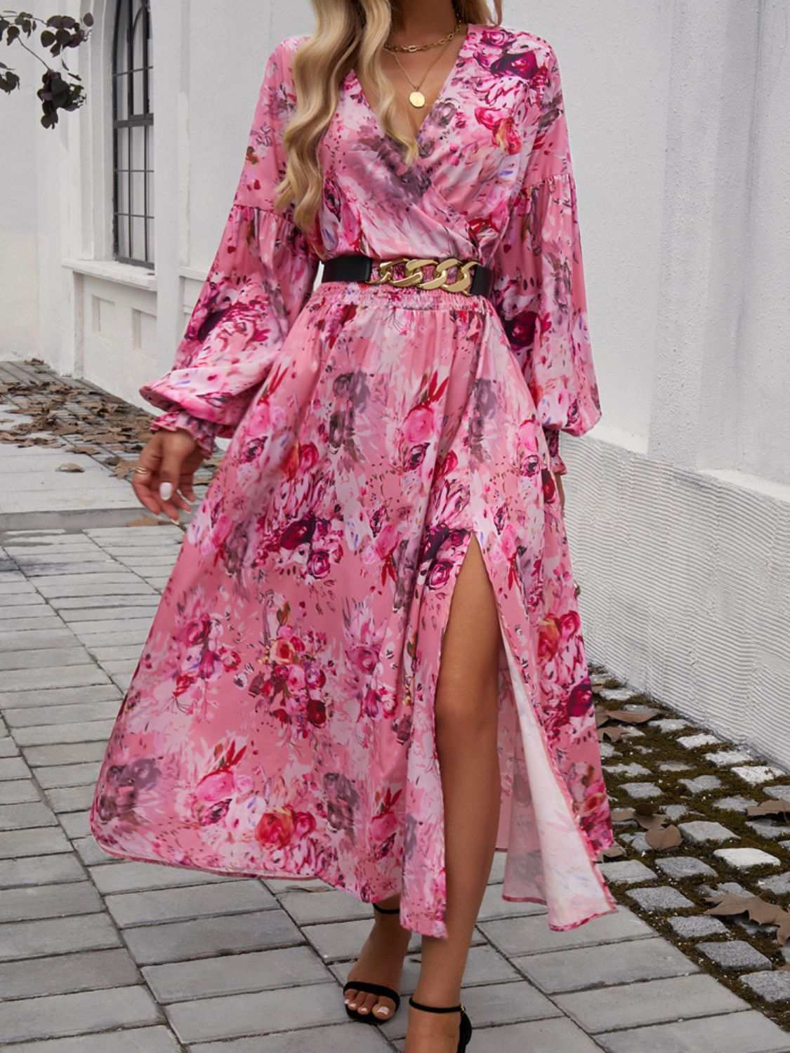 Split Printed Surplice Long Sleeve Midi Dress - Rochelle's House LLC