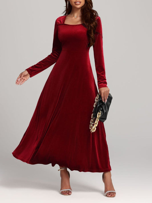 Front view of Square Neck Long Sleeve Velvet Dress in Deep Red showing neckline and sleeve details