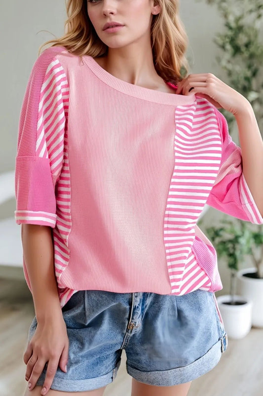Front view of Stripe Color Block Half Sleeve T Shirt in Blush Pink showing neckline and sleeve details (75% polyester and)