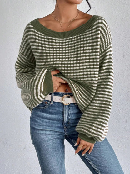 Striped Boat Neck Long Sleeve Sweater - Rochelle's House LLC