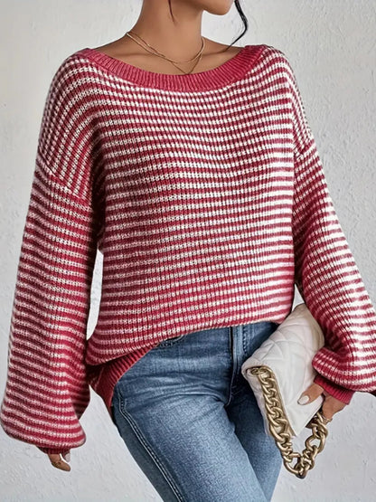 Striped Boat Neck Long Sleeve Sweater - Rochelle's House LLC