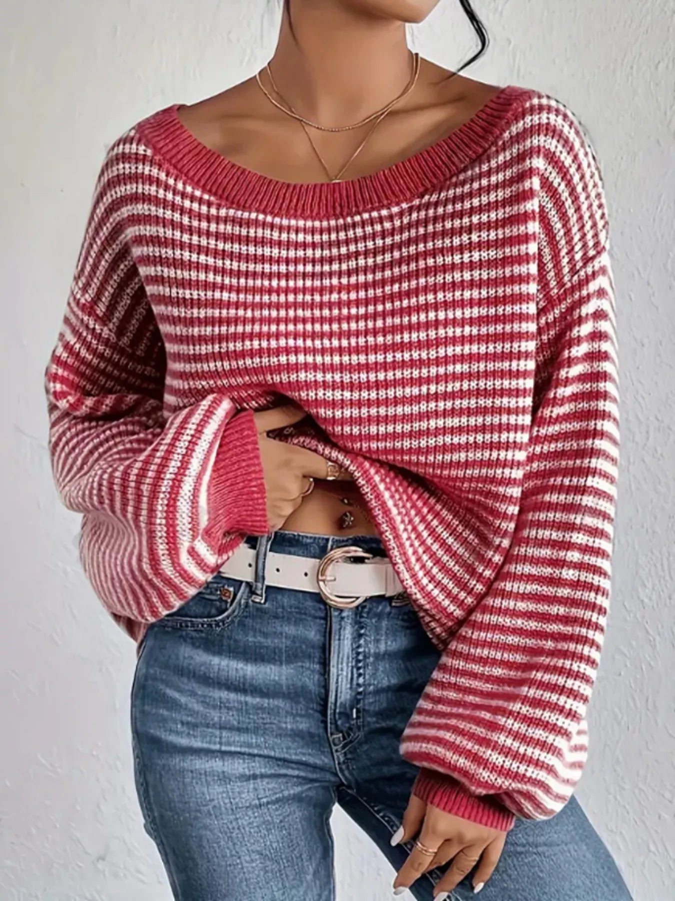 Striped Boat Neck Long Sleeve Sweater - Rochelle's House LLC