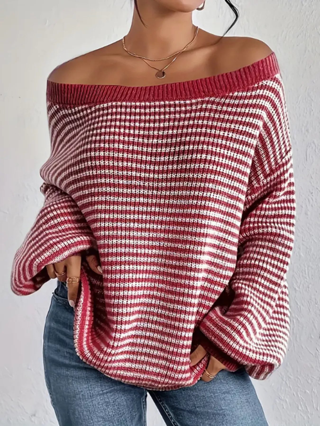 Striped Boat Neck Long Sleeve Sweater - Rochelle's House LLC