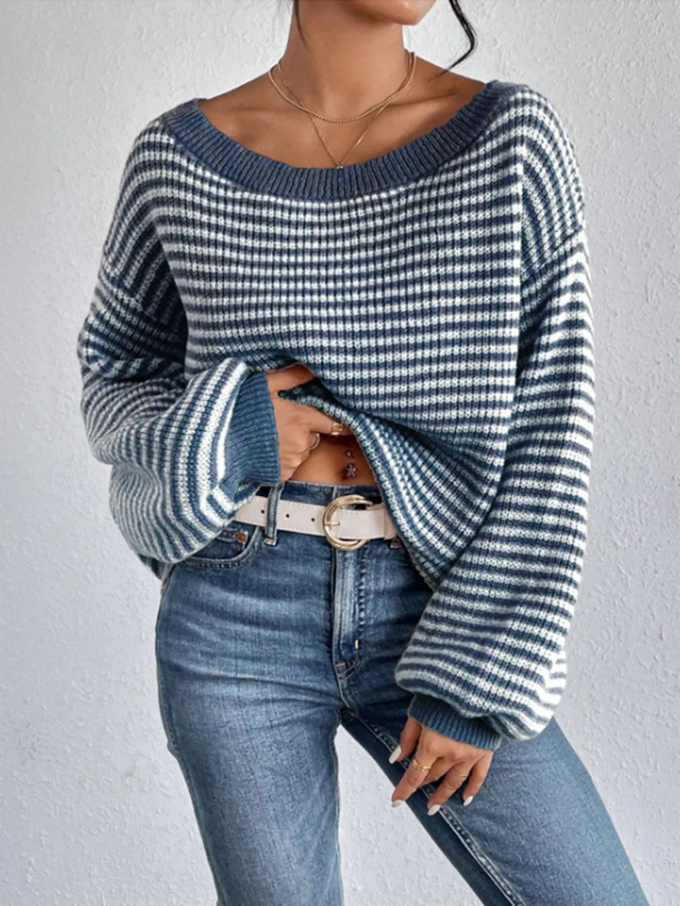 Striped Boat Neck Long Sleeve Sweater - Rochelle's House LLC