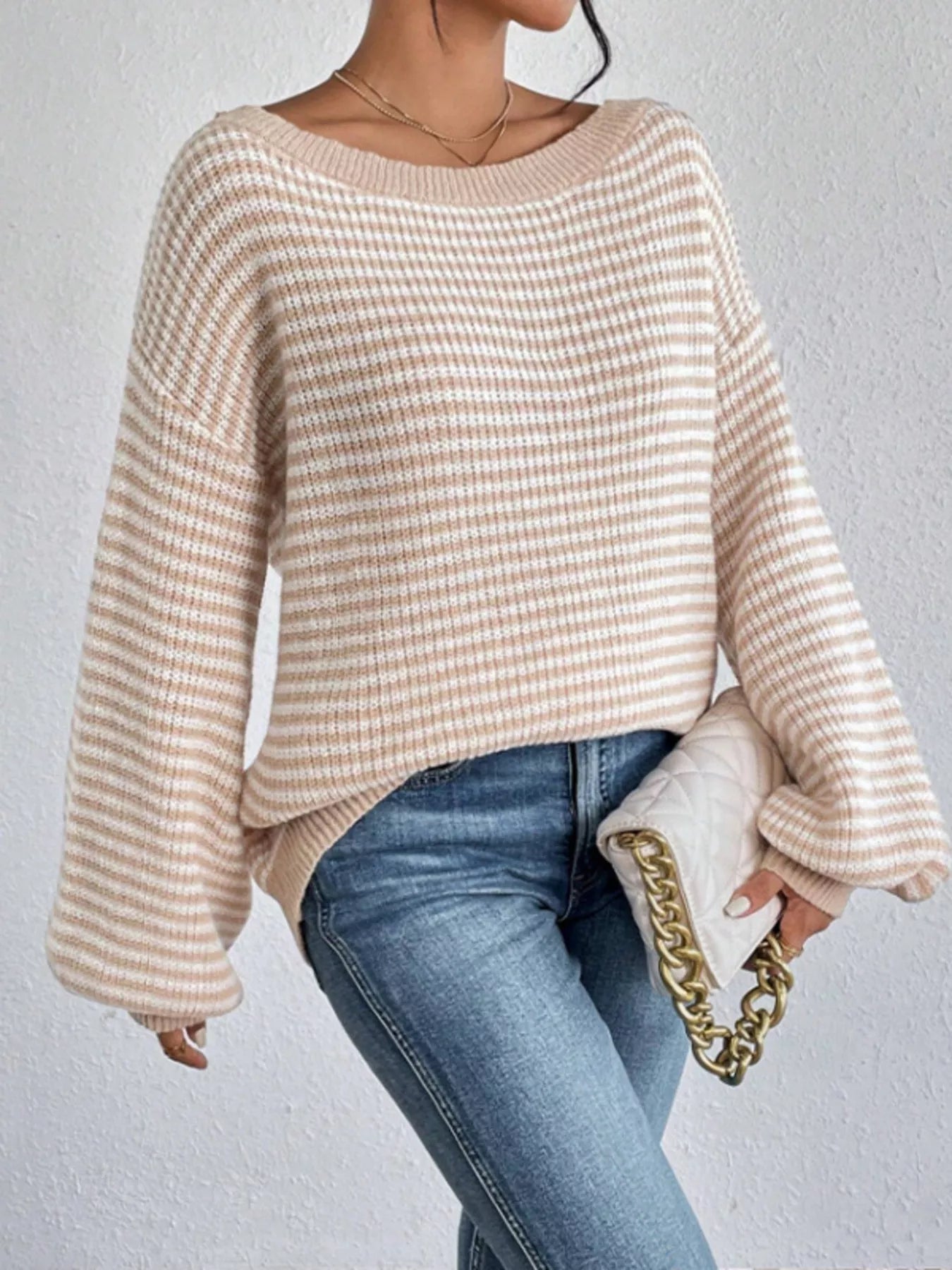 Striped Boat Neck Long Sleeve Sweater - Rochelle's House LLC