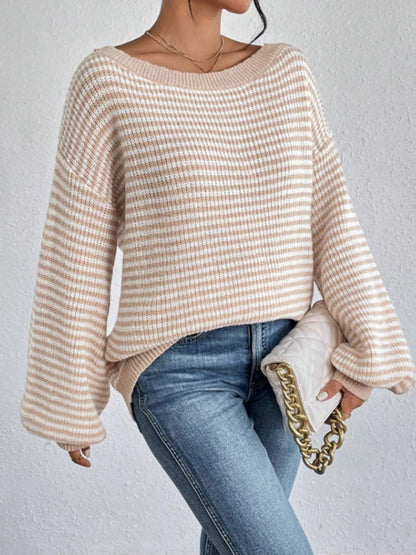 Striped Boat Neck Long Sleeve Sweater - Rochelle's House LLC