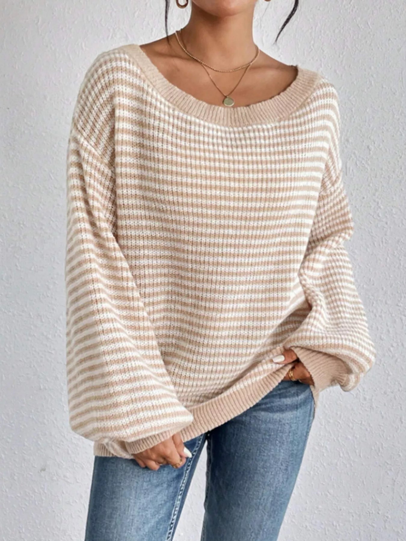 Striped Boat Neck Long Sleeve Sweater - Rochelle's House LLC