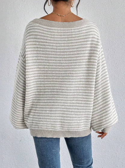 Striped Boat Neck Long Sleeve Sweater - Rochelle's House LLC
