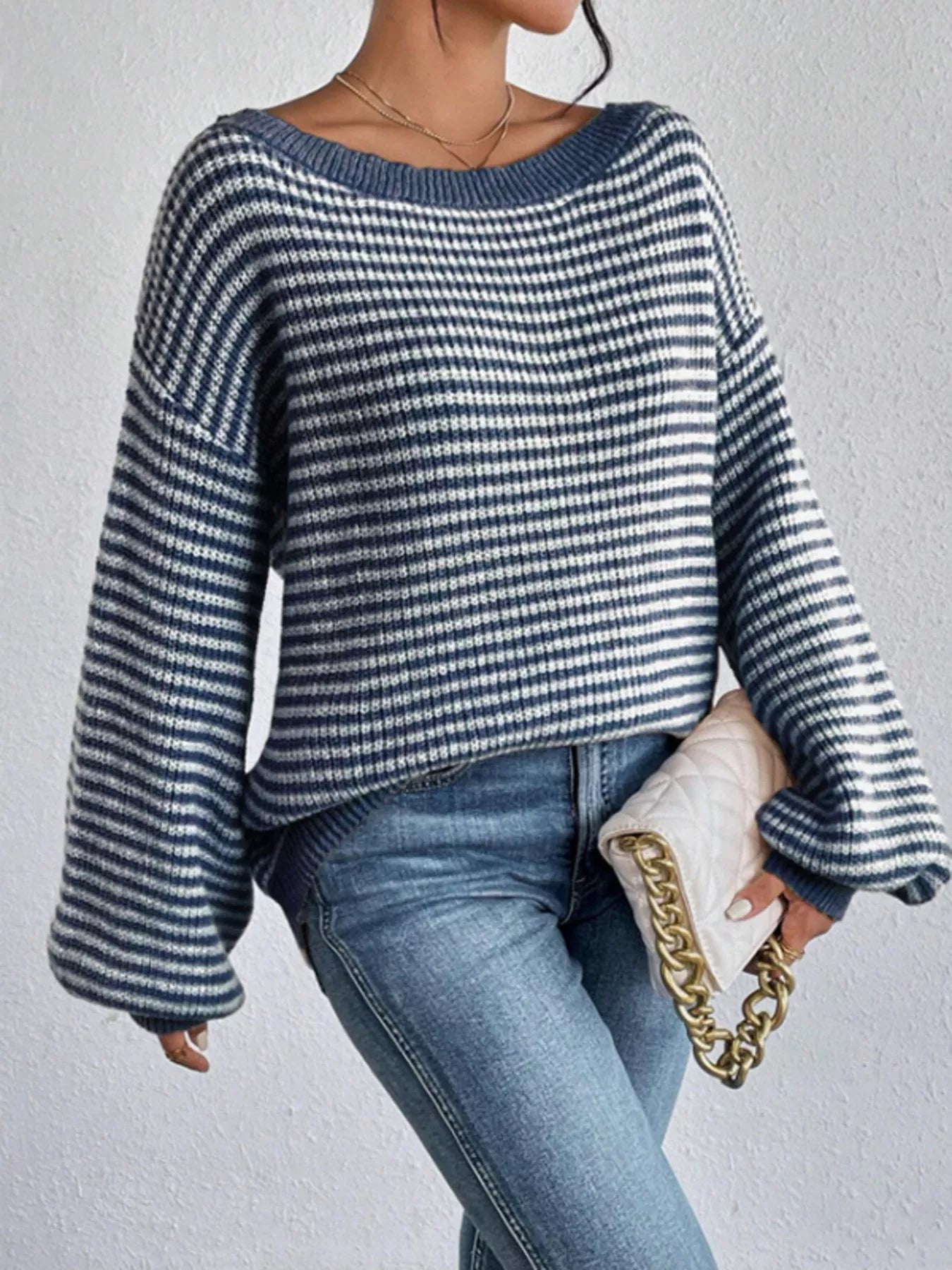 Striped Boat Neck Long Sleeve Sweater - Rochelle's House LLC
