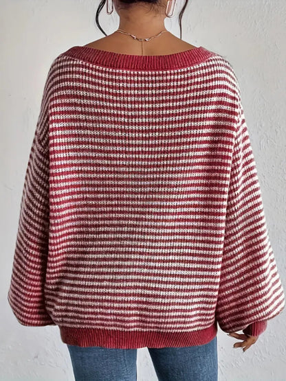 Striped Boat Neck Long Sleeve Sweater - Rochelle's House LLC