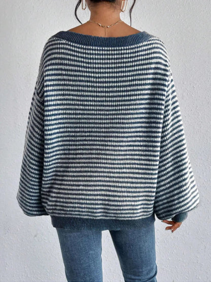 Striped Boat Neck Long Sleeve Sweater - Rochelle's House LLC