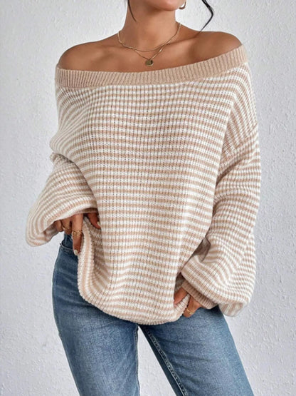 Striped Boat Neck Long Sleeve Sweater - Rochelle's House LLC