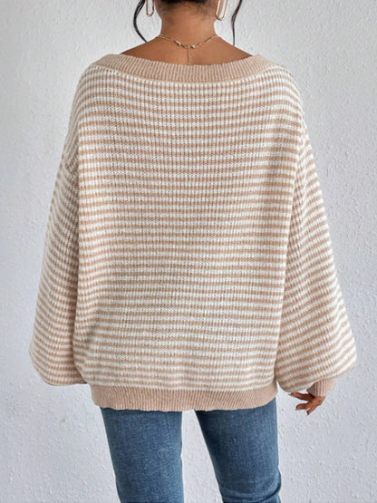 Striped Boat Neck Long Sleeve Sweater - Rochelle's House LLC