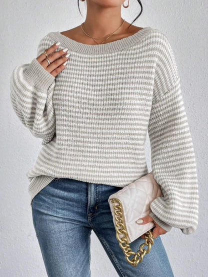 Striped Boat Neck Long Sleeve Sweater - Rochelle's House LLC