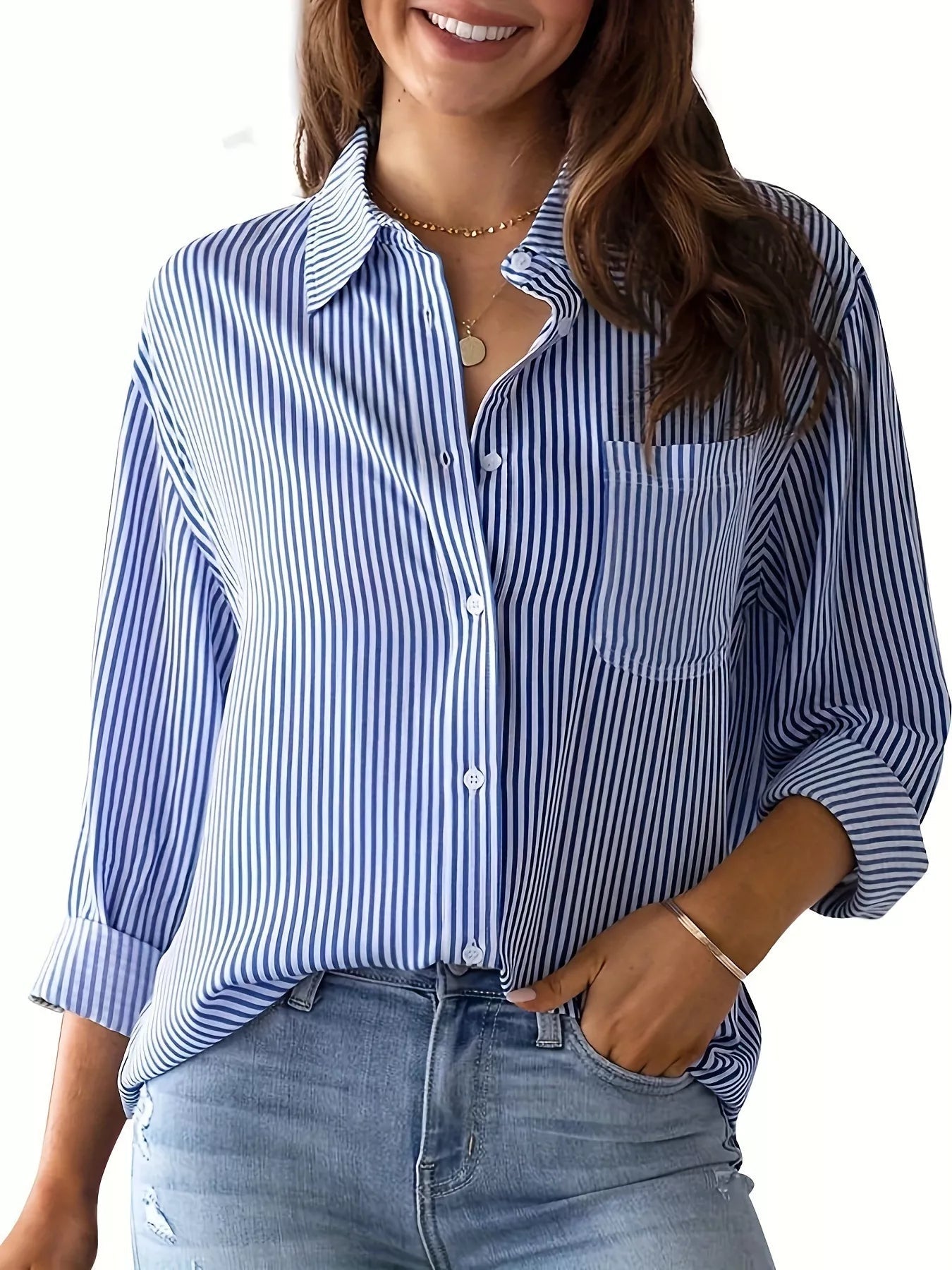 Striped Button - Down Relaxed Fit Shirt - Rochelle's House LLC