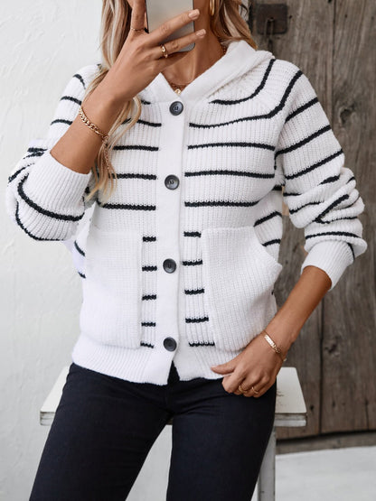 Striped Button Up Long Sleeve Hooded Cardigan - Rochelle's House LLC
