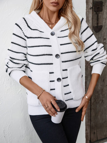 Striped Button Up Long Sleeve Hooded Cardigan - Rochelle's House LLC