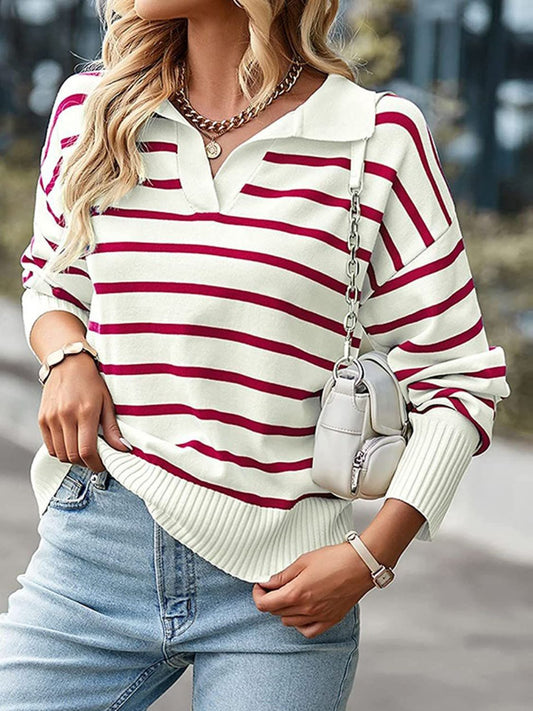 Front view of Striped Collared Neck Knit Top in Burgundy showing neckline and sleeve details