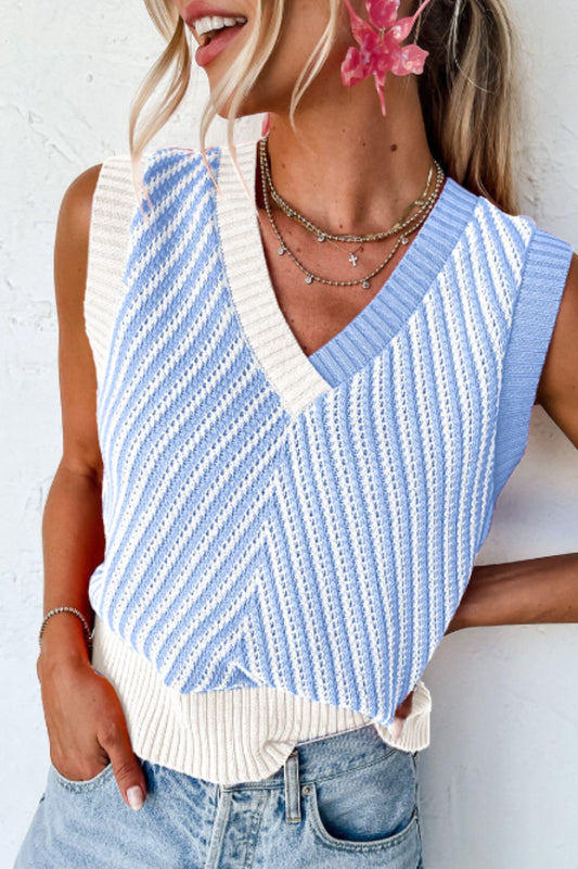 Front view of Striped Contrast V-Neck Sweater Vest in Light Blue showing neckline and sleeve details