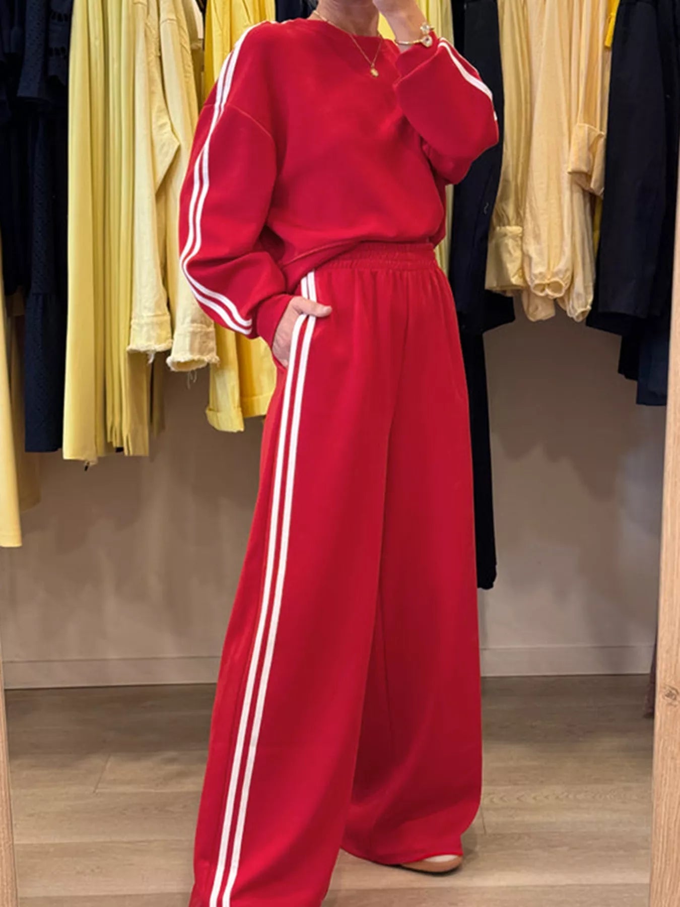 Front view of Striped Detail Crewneck Top and Elastic Sweatpants 2pcs Set in Deep Rose showing neckline and sleeve details