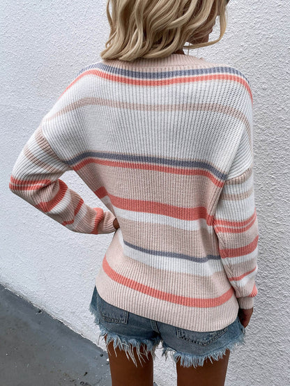 Striped Drop Shoulder Round Neck Pullover Sweater - Rochelle's House LLC