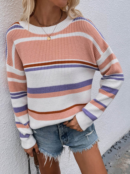 Striped Drop Shoulder Round Neck Pullover Sweater - Rochelle's House LLC