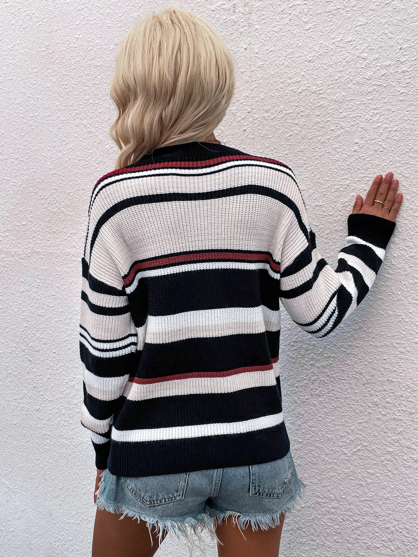 Striped Drop Shoulder Round Neck Pullover Sweater - Rochelle's House LLC