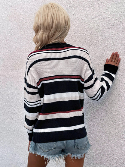 Striped Drop Shoulder Round Neck Pullover Sweater - Rochelle's House LLC