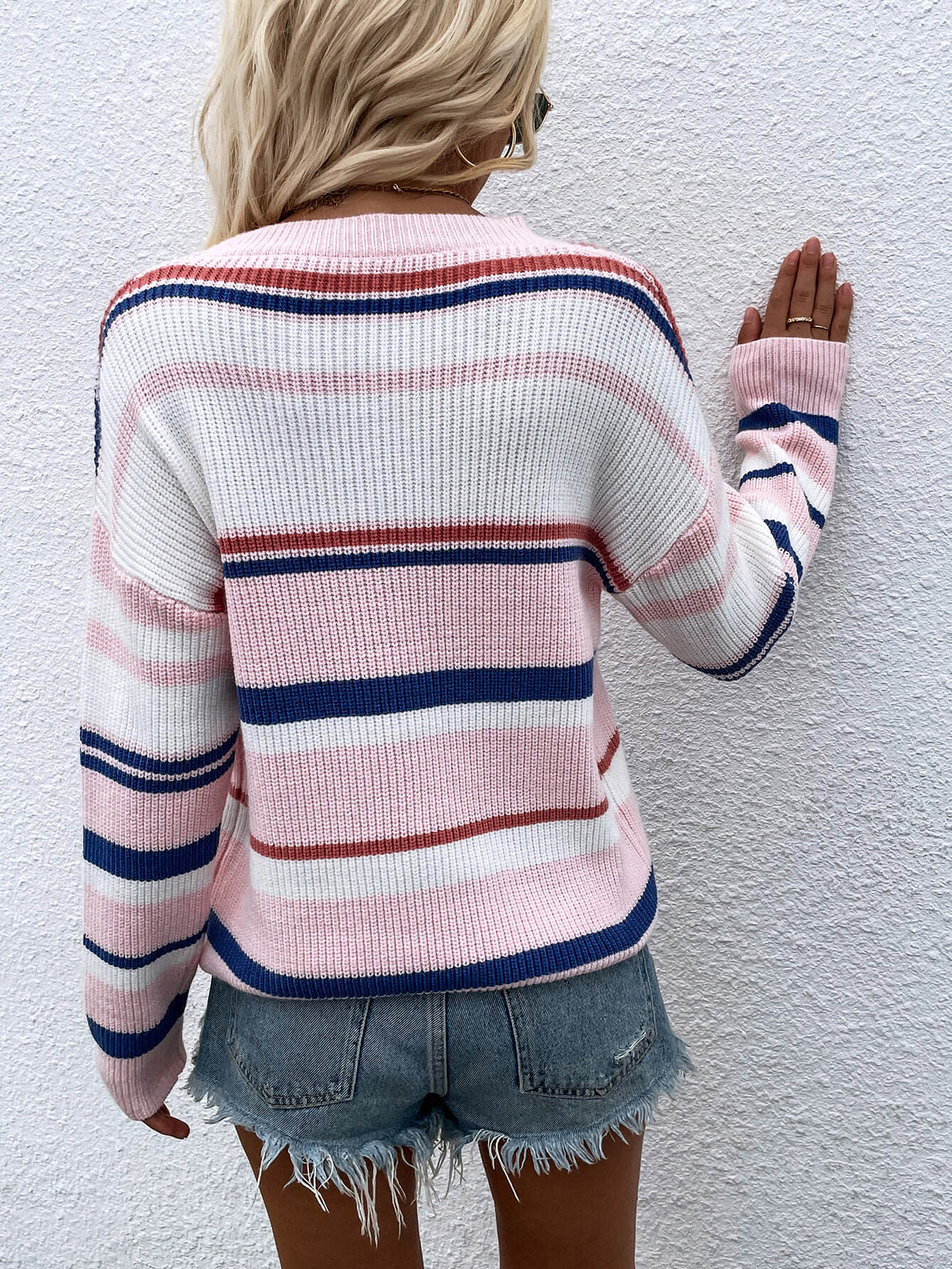 Striped Drop Shoulder Round Neck Pullover Sweater - Rochelle's House LLC