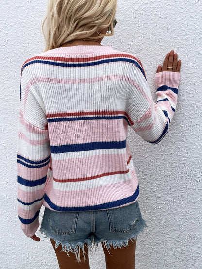 Striped Drop Shoulder Round Neck Pullover Sweater - Rochelle's House LLC
