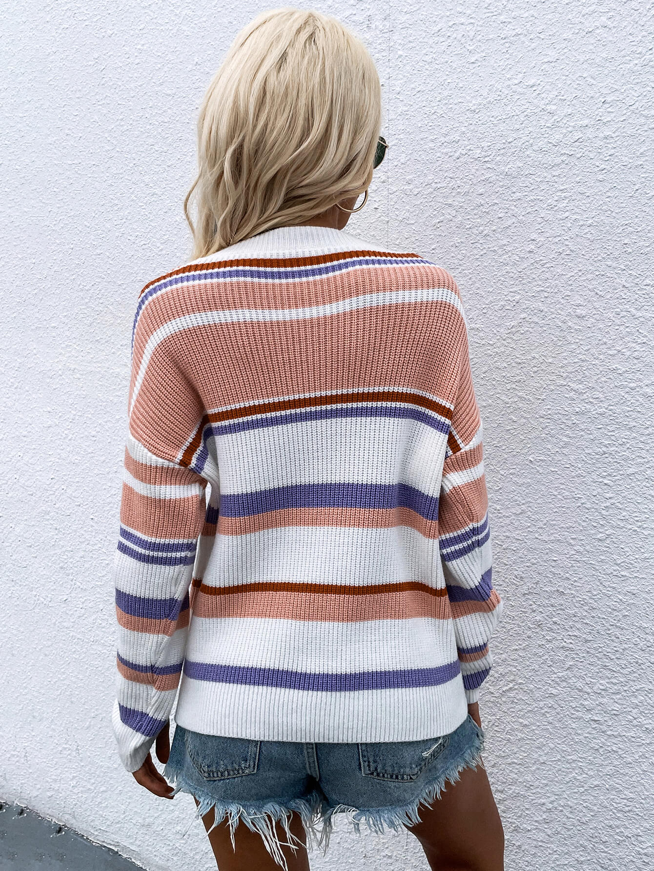 Striped Drop Shoulder Round Neck Pullover Sweater - Rochelle's House LLC