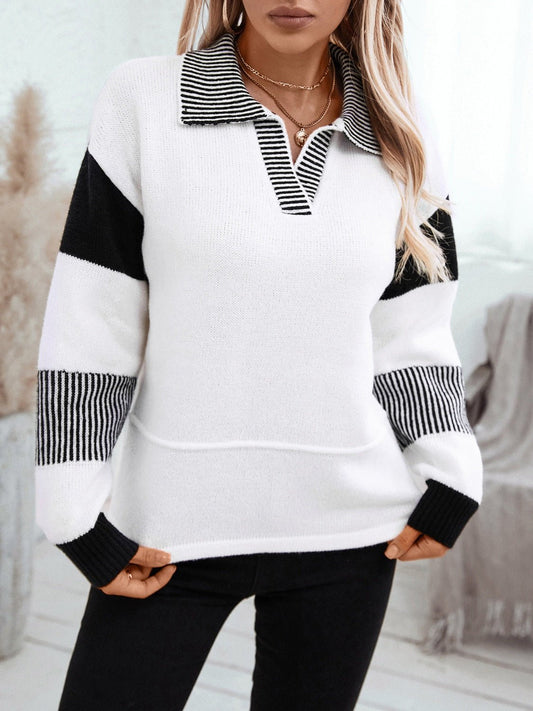 Front view of Striped Johnny Collar Drop Shoulder Sweater in White showing neckline and sleeve details (100% polyester)