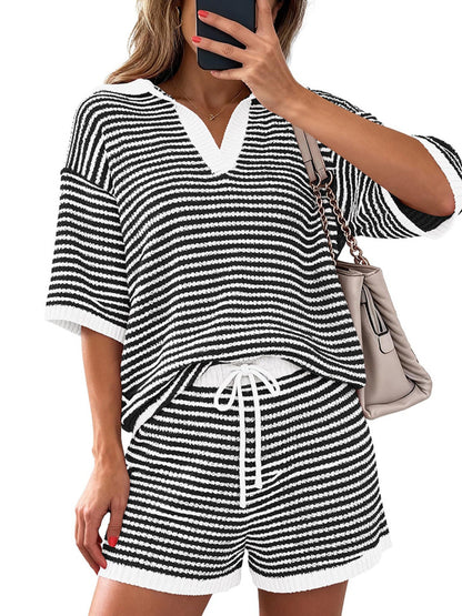 Striped Knit Polo Shirt & Shorts Set - Rochelle's House LLC