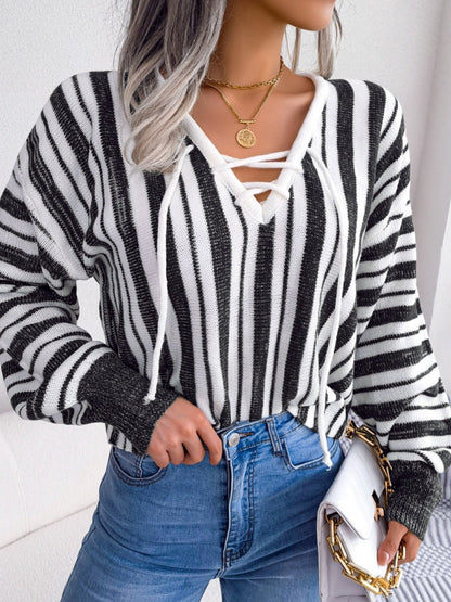Striped Lace - Up Long Sleeve Sweater - Rochelle's House LLC