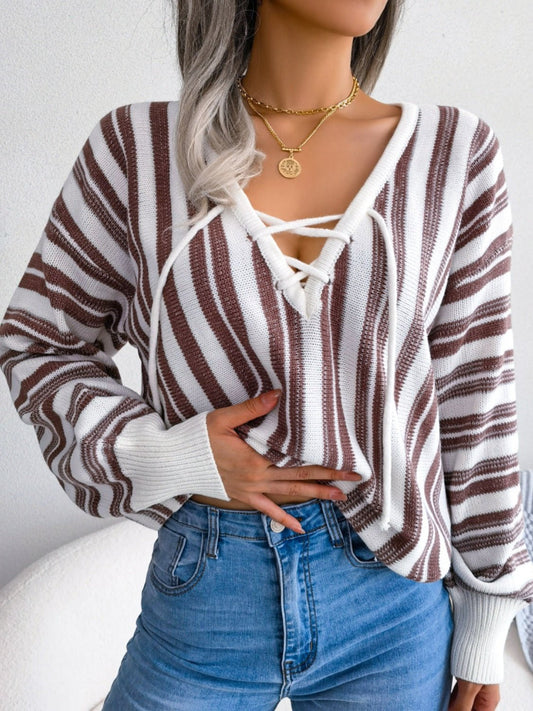 Striped Lace - Up Long Sleeve Sweater - Rochelle's House LLC