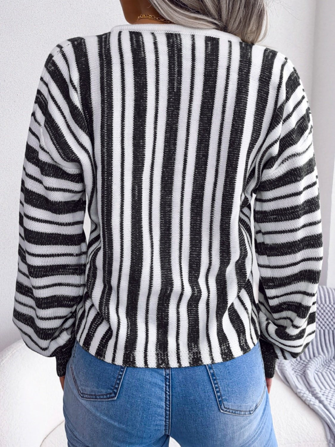 Striped Lace - Up Long Sleeve Sweater - Rochelle's House LLC