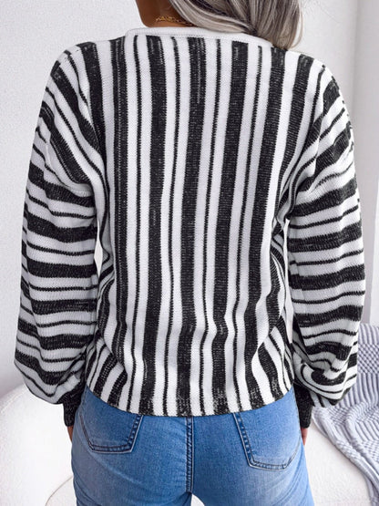 Striped Lace - Up Long Sleeve Sweater - Rochelle's House LLC