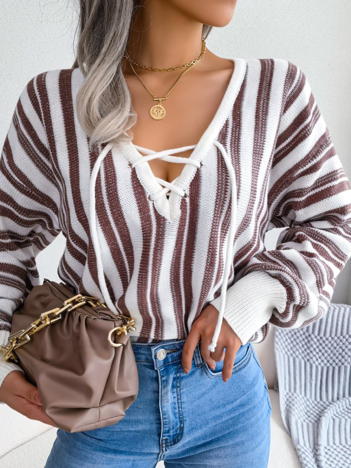 Striped Lace - Up Long Sleeve Sweater - Rochelle's House LLC