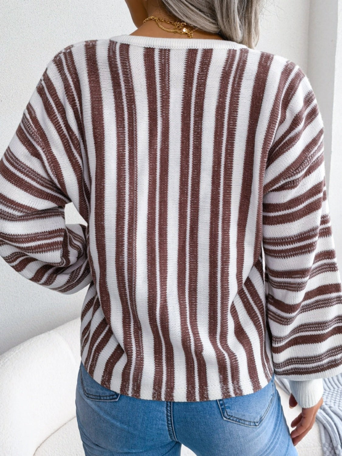 Striped Lace - Up Long Sleeve Sweater - Rochelle's House LLC