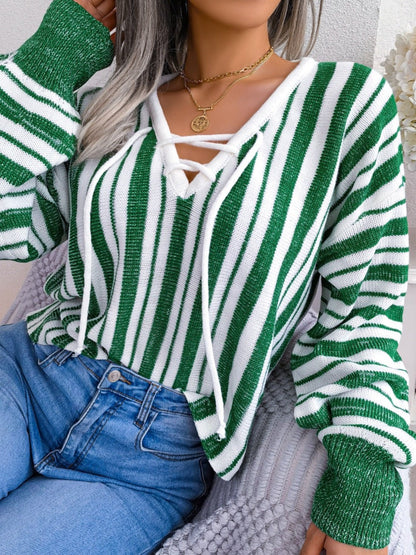 Striped Lace - Up Long Sleeve Sweater - Rochelle's House LLC