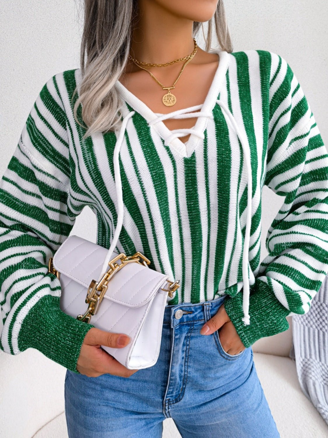 Striped Lace - Up Long Sleeve Sweater - Rochelle's House LLC