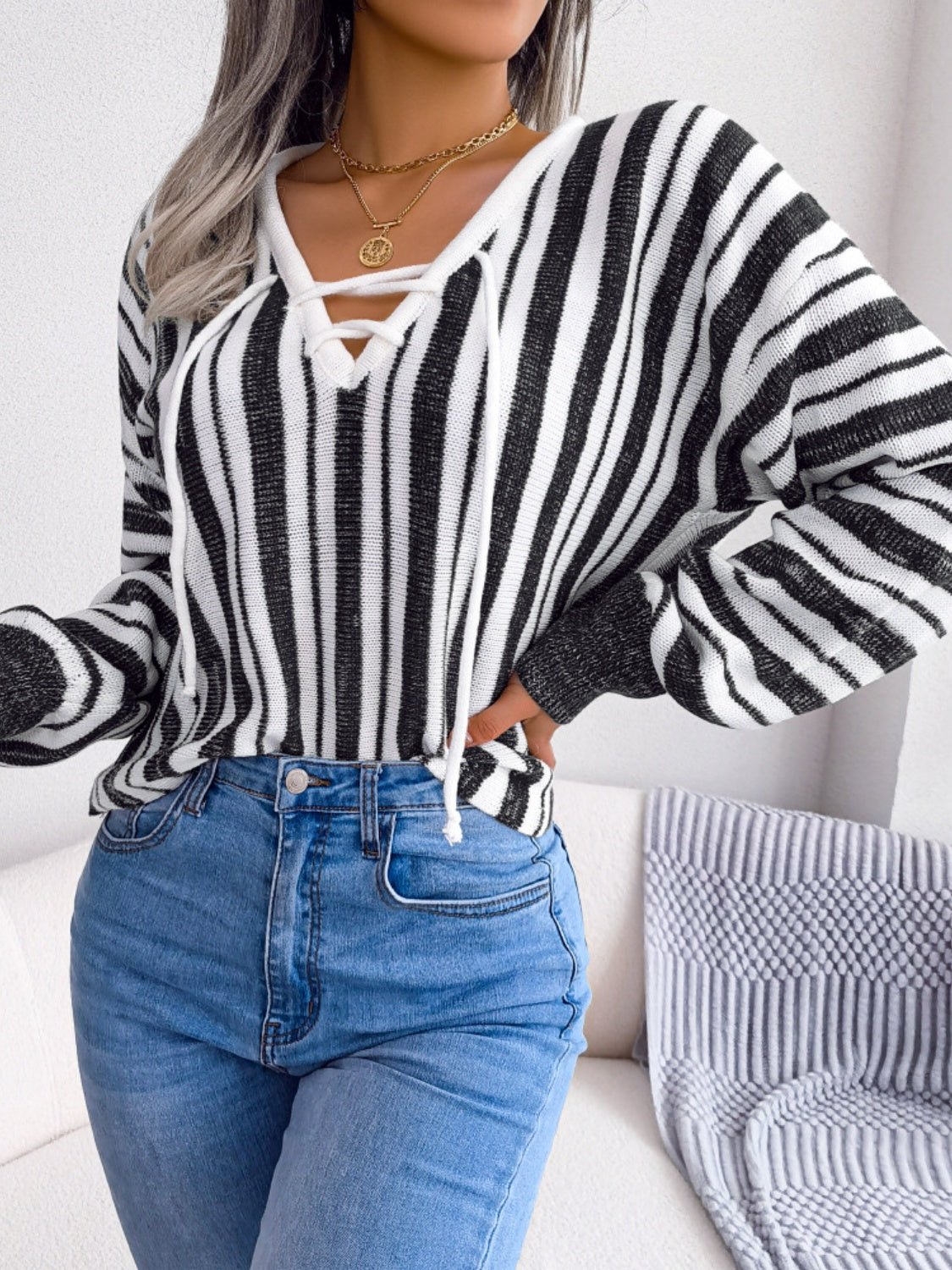 Striped Lace - Up Long Sleeve Sweater - Rochelle's House LLC