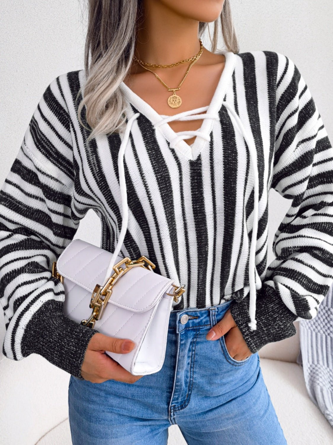 Striped Lace - Up Long Sleeve Sweater - Rochelle's House LLC