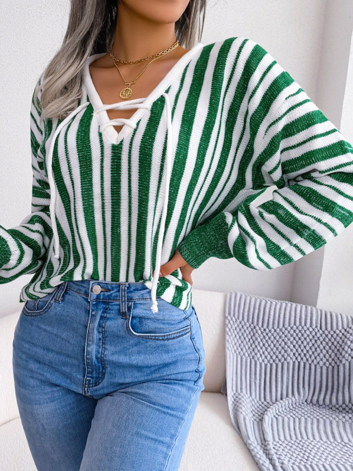 Striped Lace - Up Long Sleeve Sweater - Rochelle's House LLC