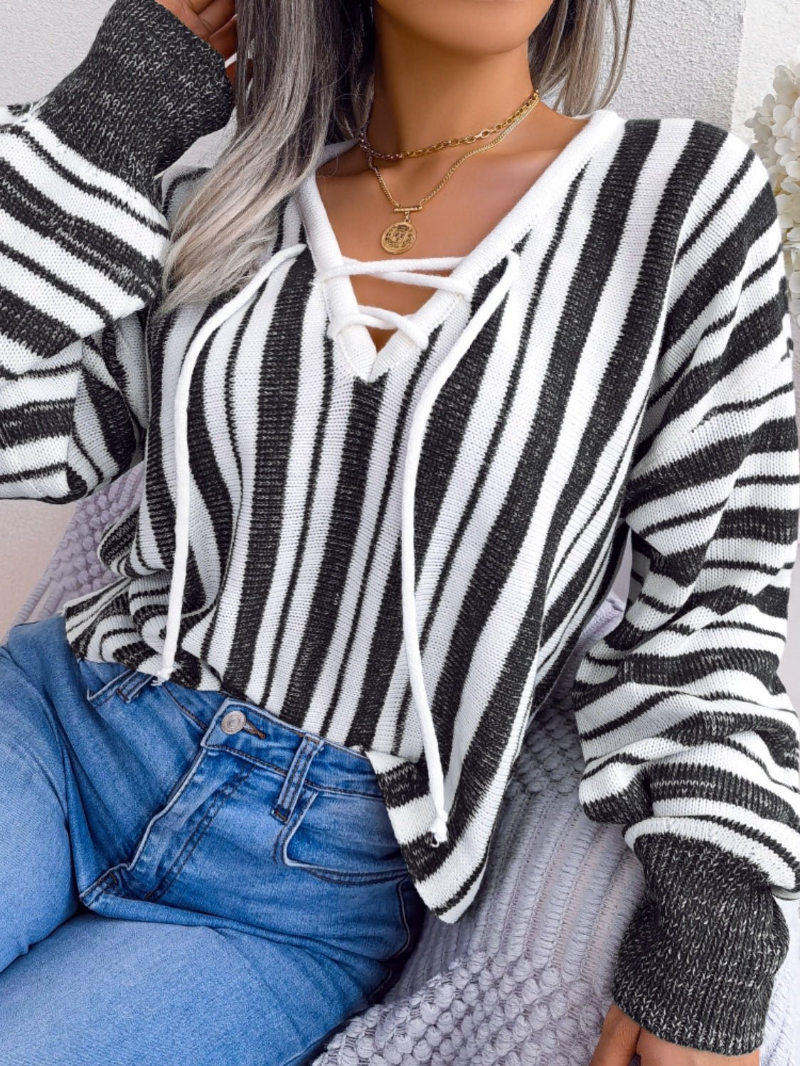 Striped Lace - Up Long Sleeve Sweater - Rochelle's House LLC