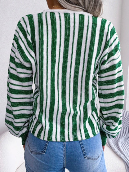 Striped Lace - Up Long Sleeve Sweater - Rochelle's House LLC